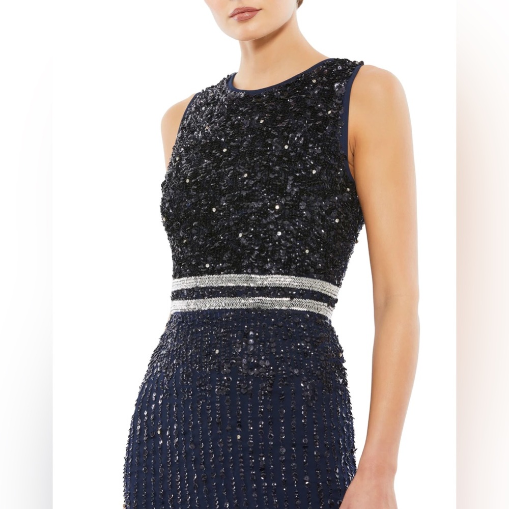 Mac‎ Duggal Beaded Sleeveless High Neck Midi Sheath Dress in Navy NWT - Picture 3 of 9